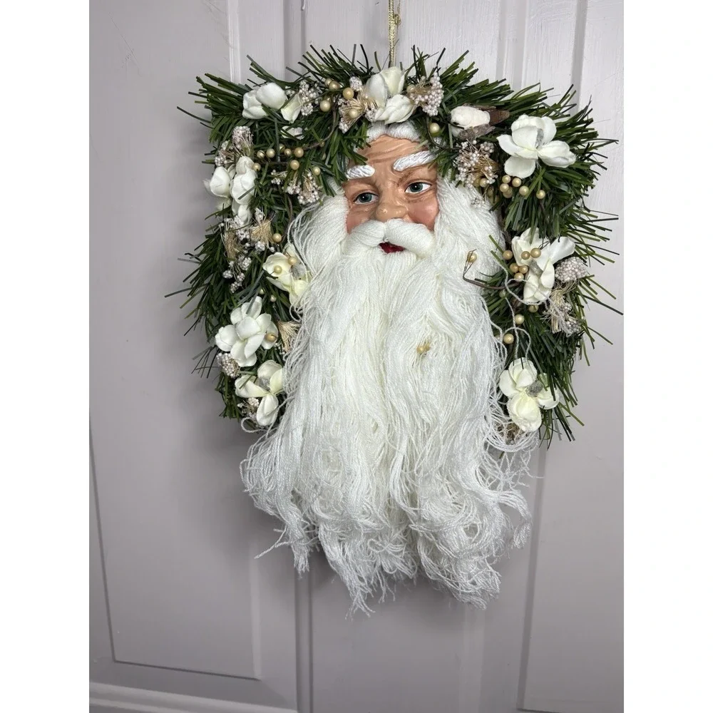 Vintage Santa Face Christmas Wreath Magnolia Flowers Pine Porcelain
